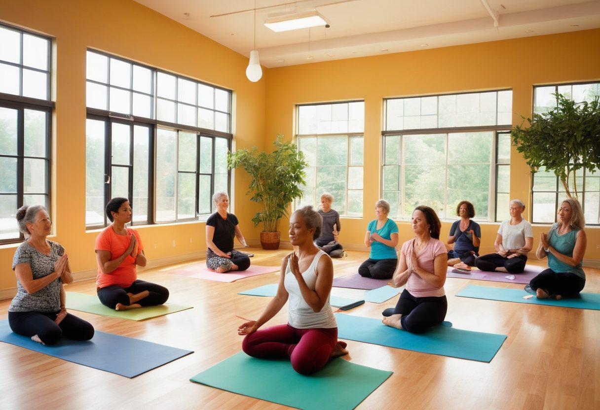 A diverse group of cancer survivors gathered in a warm, inviting community center, engaging in activities such as yoga, cooking classes, and support group discussions. The atmosphere radiates positivity and hope, with bright natural light streaming through large windows and inspirational quotes adorning the walls. Include vibrant plants and resource tables filled with brochures on health and wellness. super-realistic. vibrant colors. warm lighting.