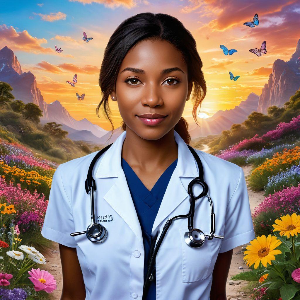 A determined individual confidently navigating a winding path, surrounded by symbols of medical treatment like stethoscopes, pills, and advocacy ribbons. In the background, imagery representing hope and survivorship such as bright sunrise and blooming flowers. The scene should evoke feelings of empowerment and resilience. super-realistic. vibrant colors. uplifting atmosphere.