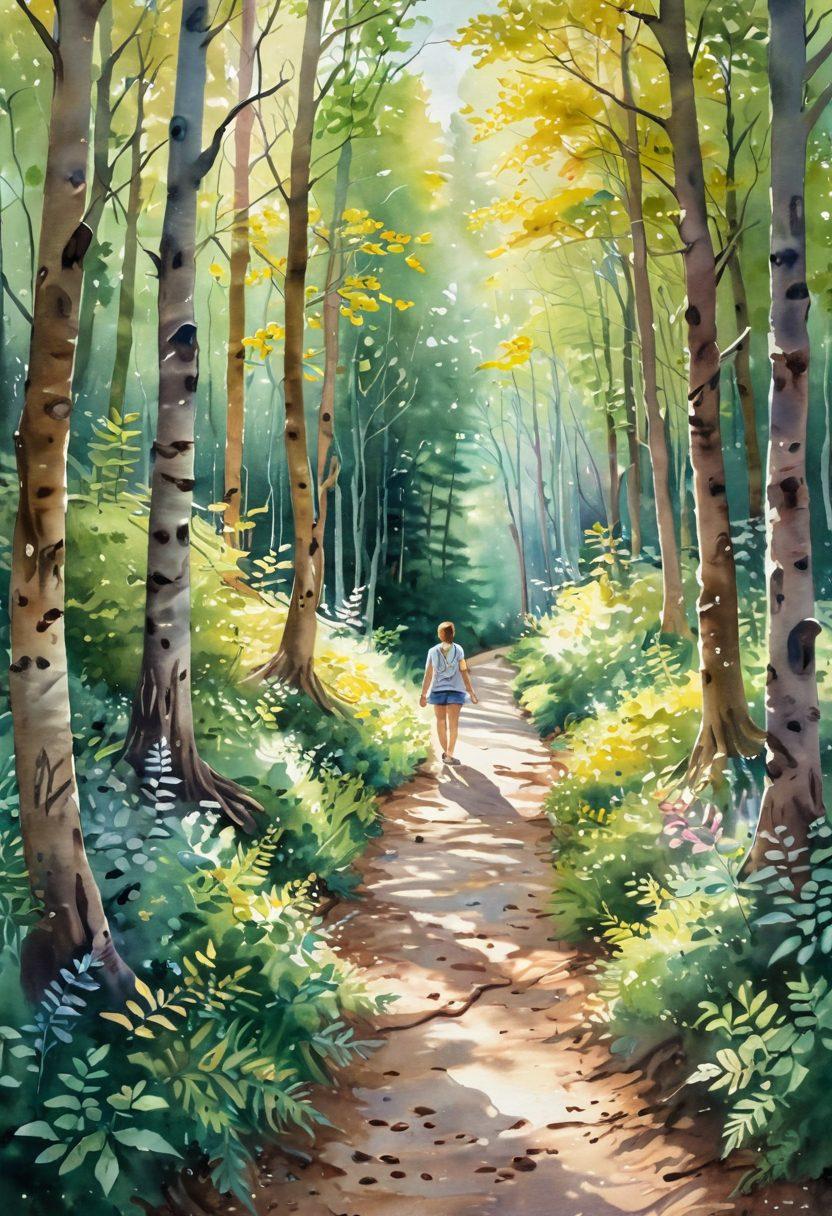 A serene landscape symbolizing hope and resilience, featuring a winding path through a vibrant forest with sunlight streaming through the leaves, diverse individuals hand-in-hand representing cancer survivors, surrounded by symbols of advocacy like ribbons and supportive signs. The atmosphere exudes warmth and encouragement, inviting viewers to embark on their journey. watercolor painting. soft pastel colors. natural light.